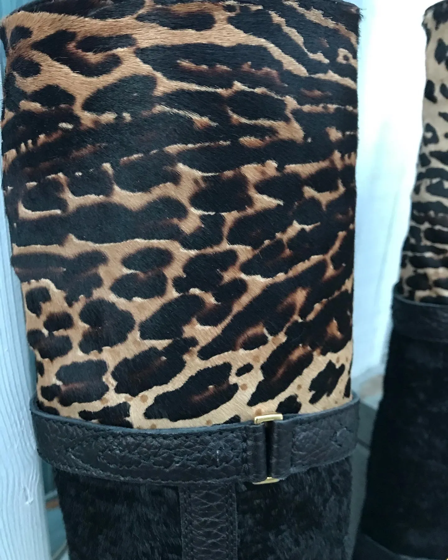 FRANKLIN ELMAN Pony Hair Leopard Print Knee-high Leather Boots