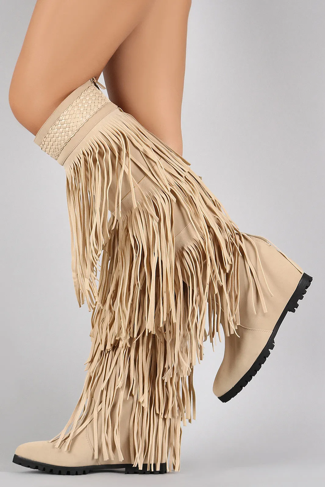 Fringe Woven Pointy Toe Knee High Hidden Wedge Boot