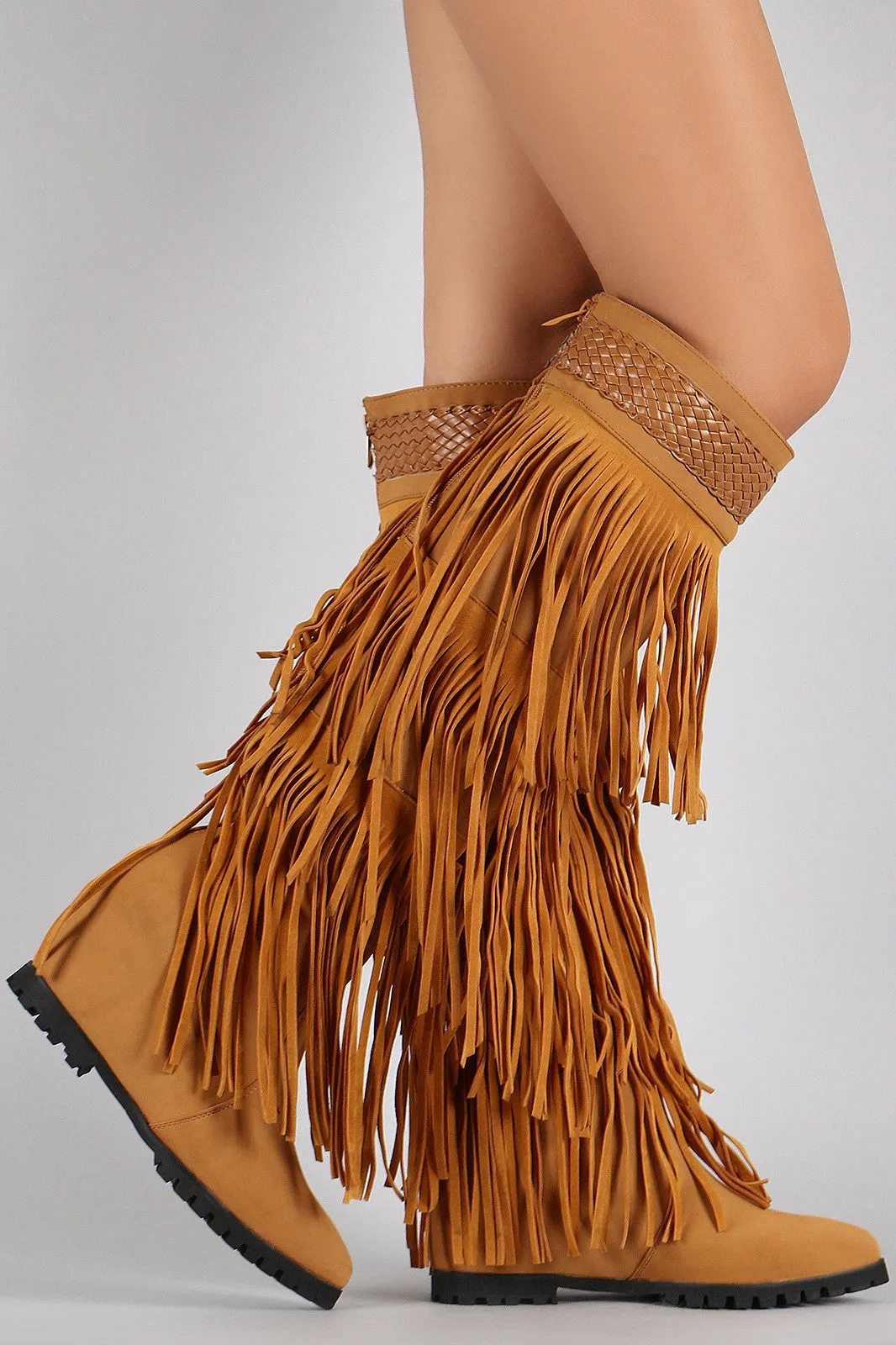 Fringe Woven Pointy Toe Knee High Hidden Wedge Boot