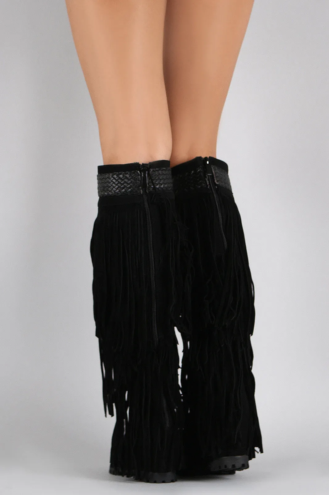 Fringe Woven Pointy Toe Knee High Hidden Wedge Boot