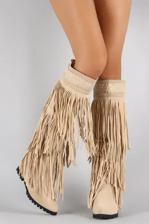 Fringe Woven Pointy Toe Knee High Hidden Wedge Boot