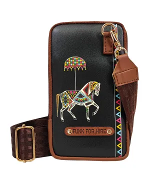 Funk For Hire Leatherette Horse Printed Mobile holder sling bag - Black and Brown