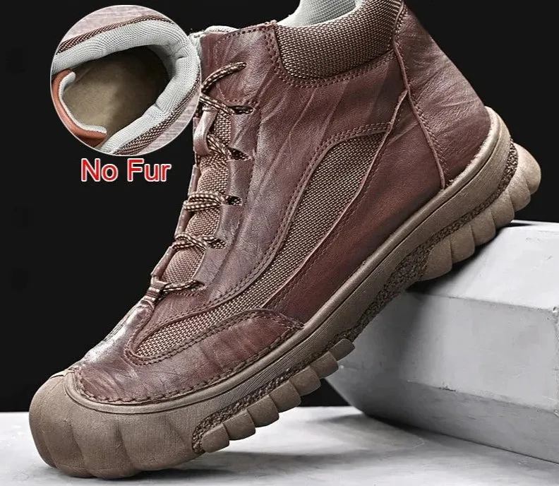 Genuine Leather Winter Warm Fur Men Boots Handmade Fashion Lace Up Non-Slip Comfortable Hiking Boots Size 38-46