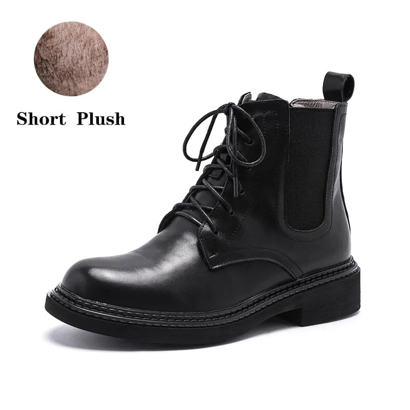 Handmade Martin Boots Women Leather Lace-Up Oxfords Round Toe Chunky Ankle Booties