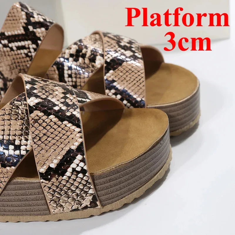 Hnzxzm Snake Pattern Thick Bottom Cork Sandals Women Summer Non-Slip Platform Slippers Woman Cross Strap Casual Clogs Slides Shoes