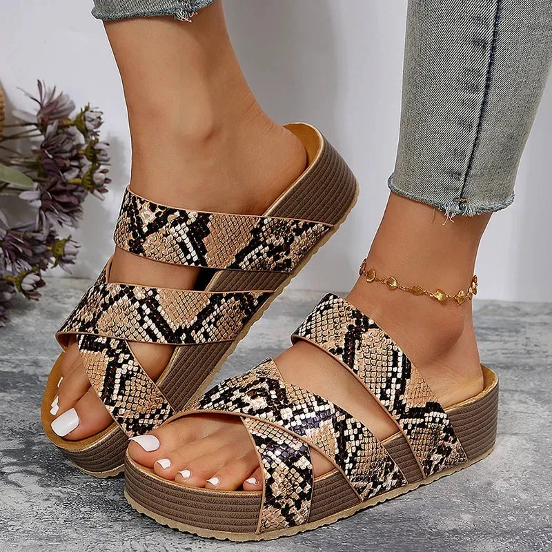 Hnzxzm Snake Pattern Thick Bottom Cork Sandals Women Summer Non-Slip Platform Slippers Woman Cross Strap Casual Clogs Slides Shoes