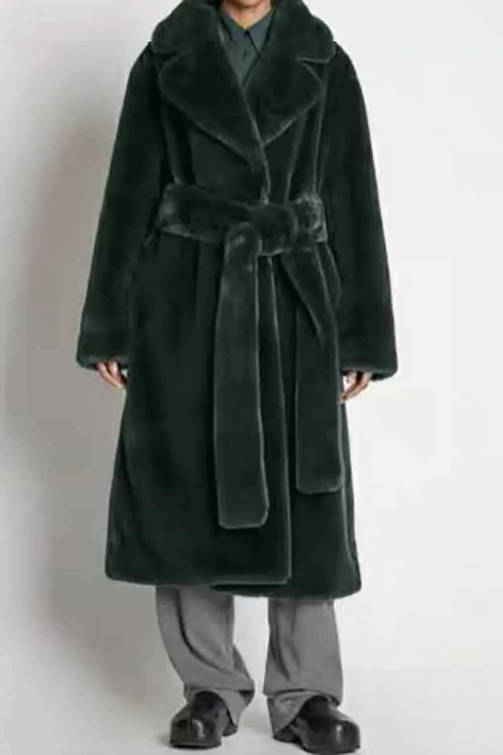 Khaki Faux Fur Shearling Long Open Front Coat with Belt