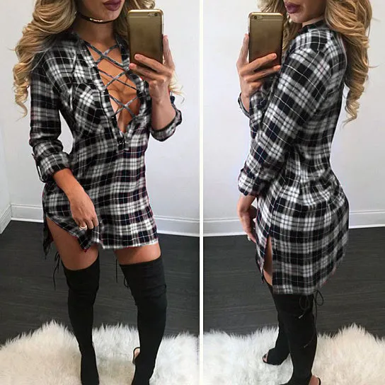 Ladies plaid lace up fashion shirt