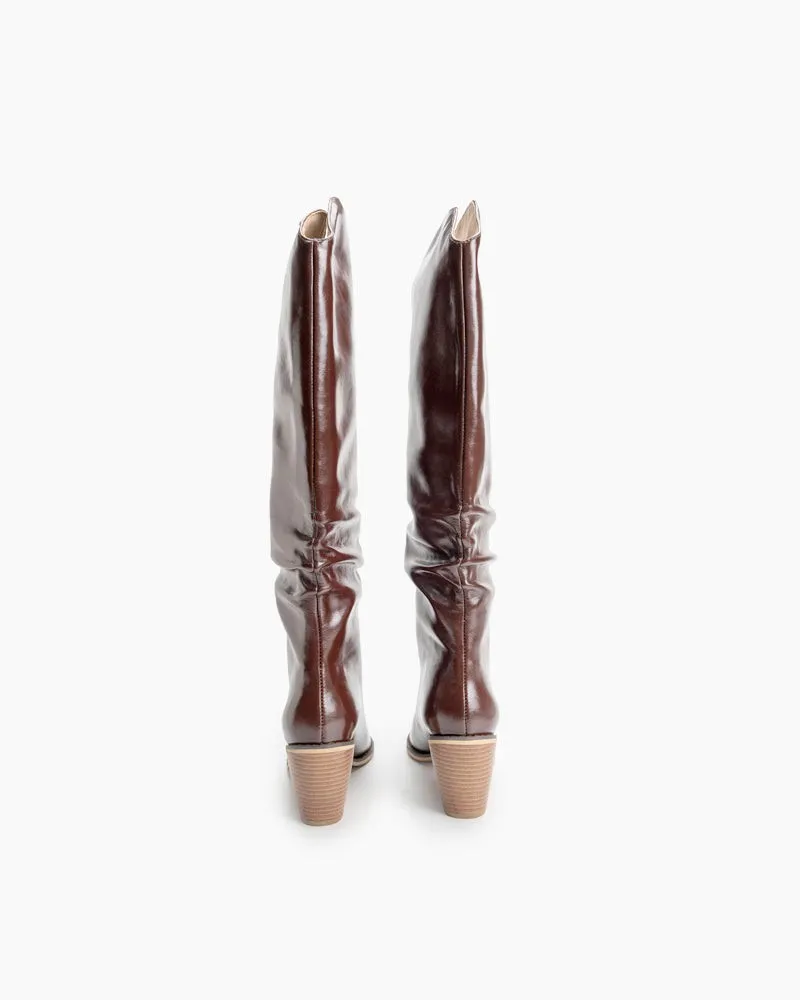 Leather Knee High Chunky Western Boot