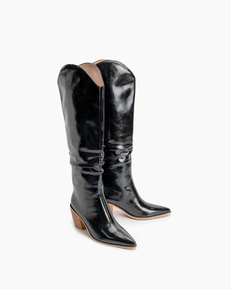 Leather Knee High Chunky Western Boot