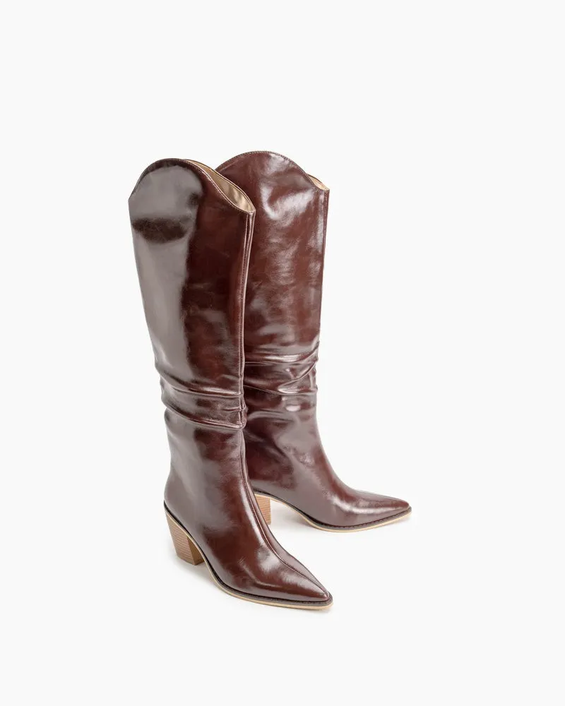 Leather Knee High Chunky Western Boot