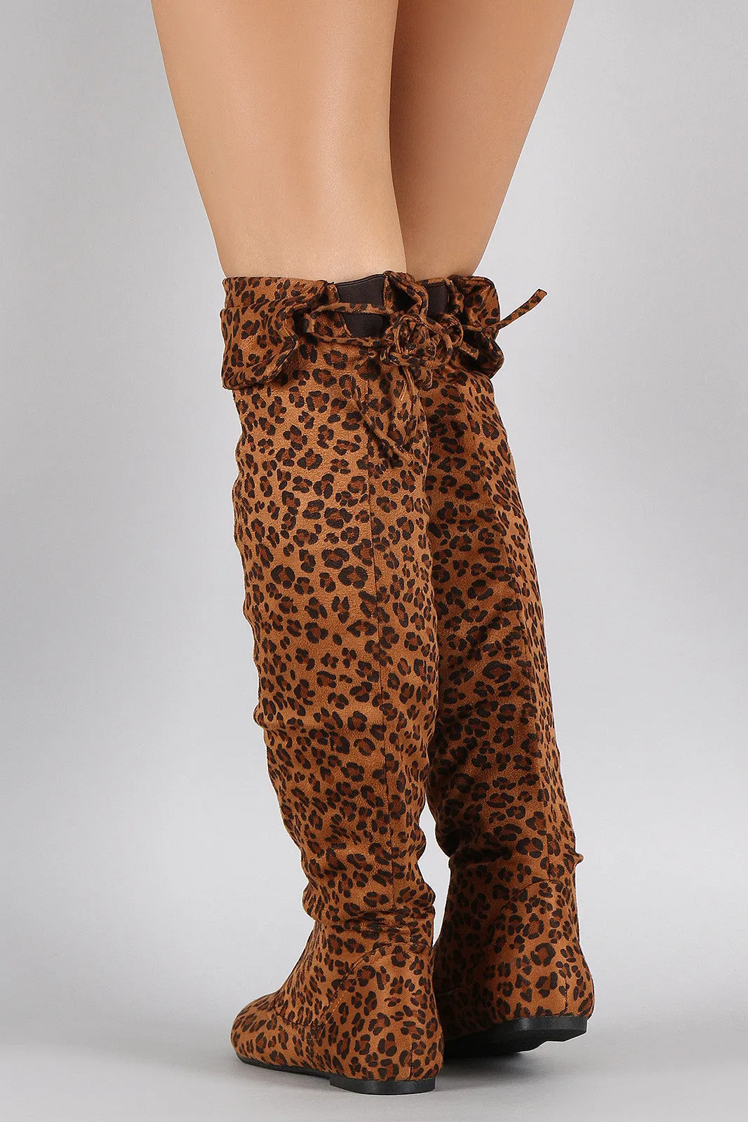 Leopard Print Round Toe Cuff Bow Tie Over-The-Knee Flat Boots