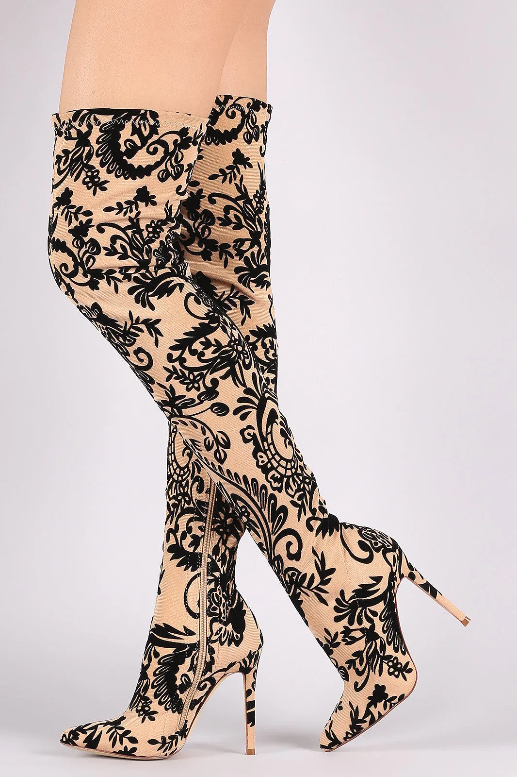 Liliana Fleur De Lis Burnout Velvet Stiletto Over-The-Knee Boots