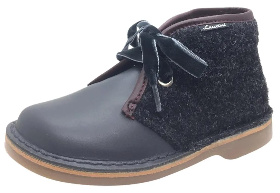 Luccini Girl's Grey Leather & Wool Lace Up Ankle Boots with Maroon Trim