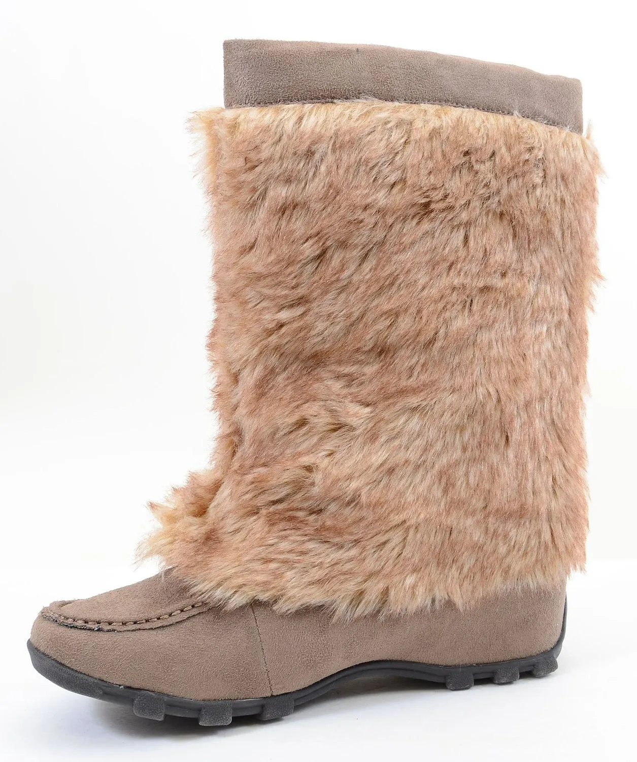 Mukluks Soft Vegan Furry Suede Tassel Winter Flat Boot Taupe