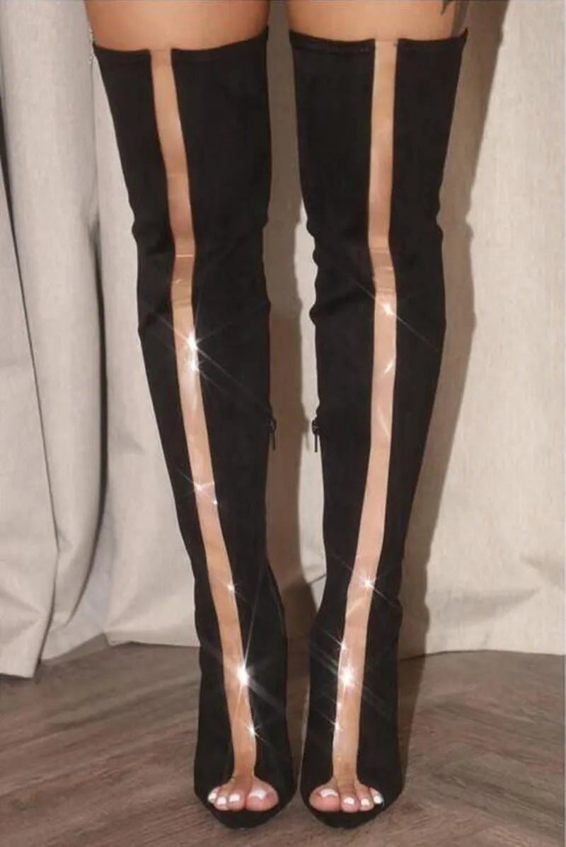 Open Toe Thigh High Boot with Transparent Front - Sexy & Elegant Style