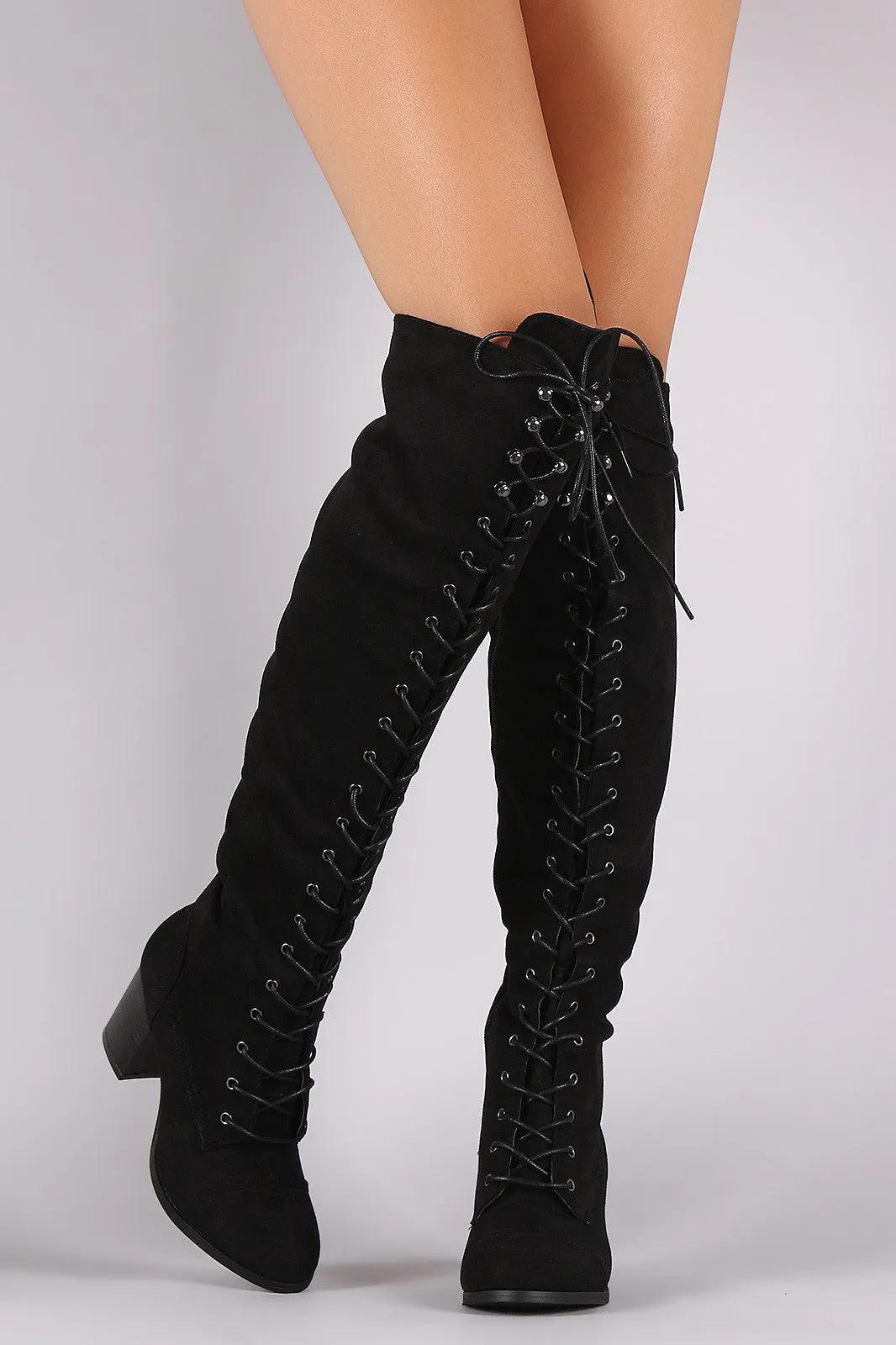 Over The Knee Lace Up Almond Toe Chunky Boots