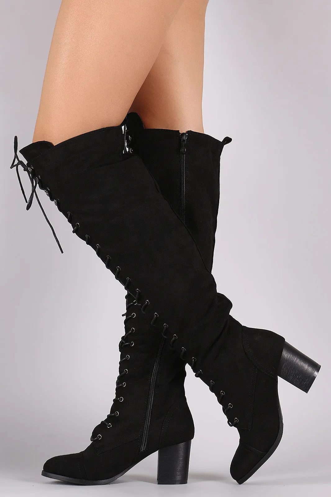 Over The Knee Lace Up Almond Toe Chunky Boots