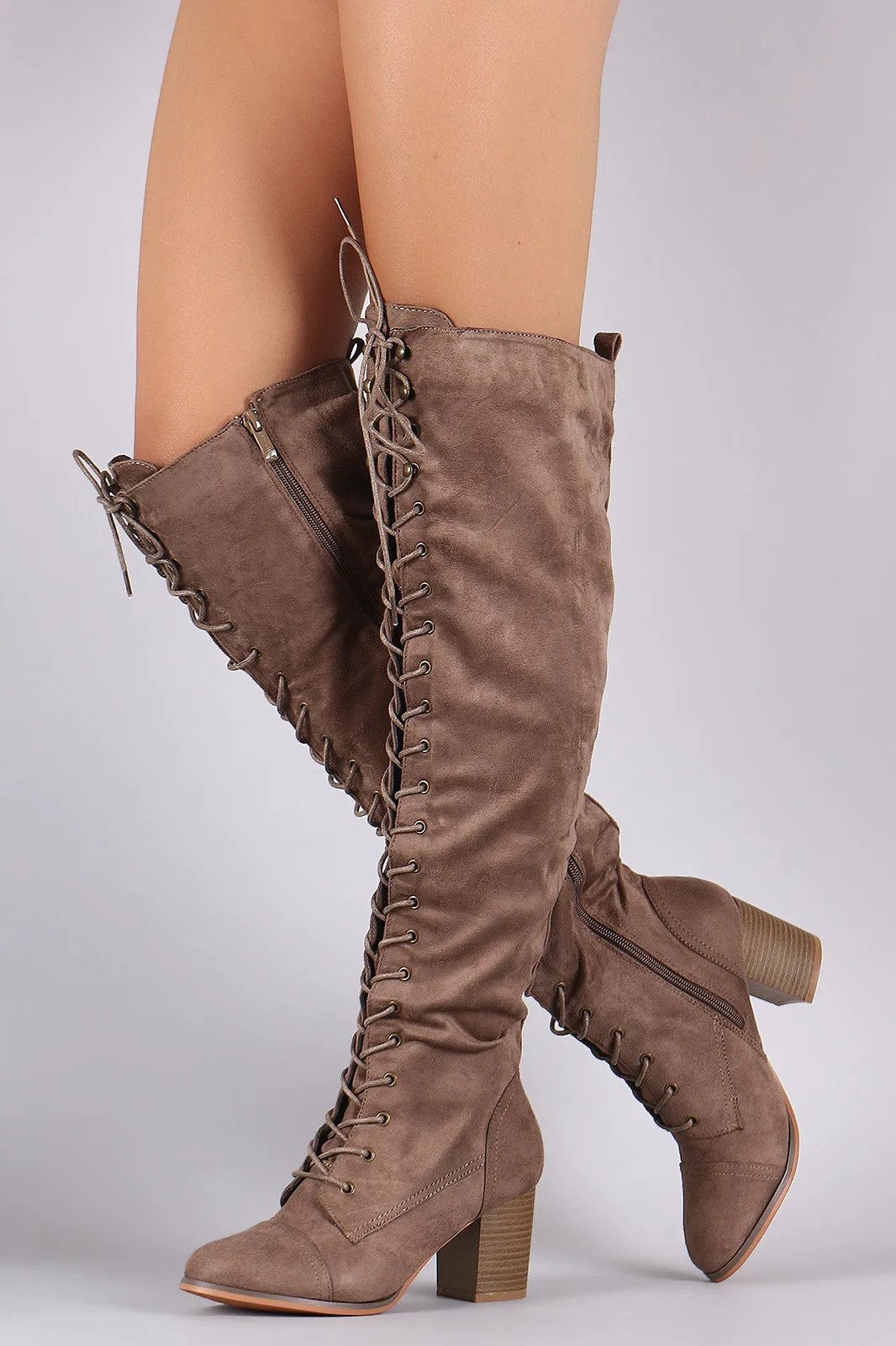 Over The Knee Lace Up Almond Toe Chunky Boots