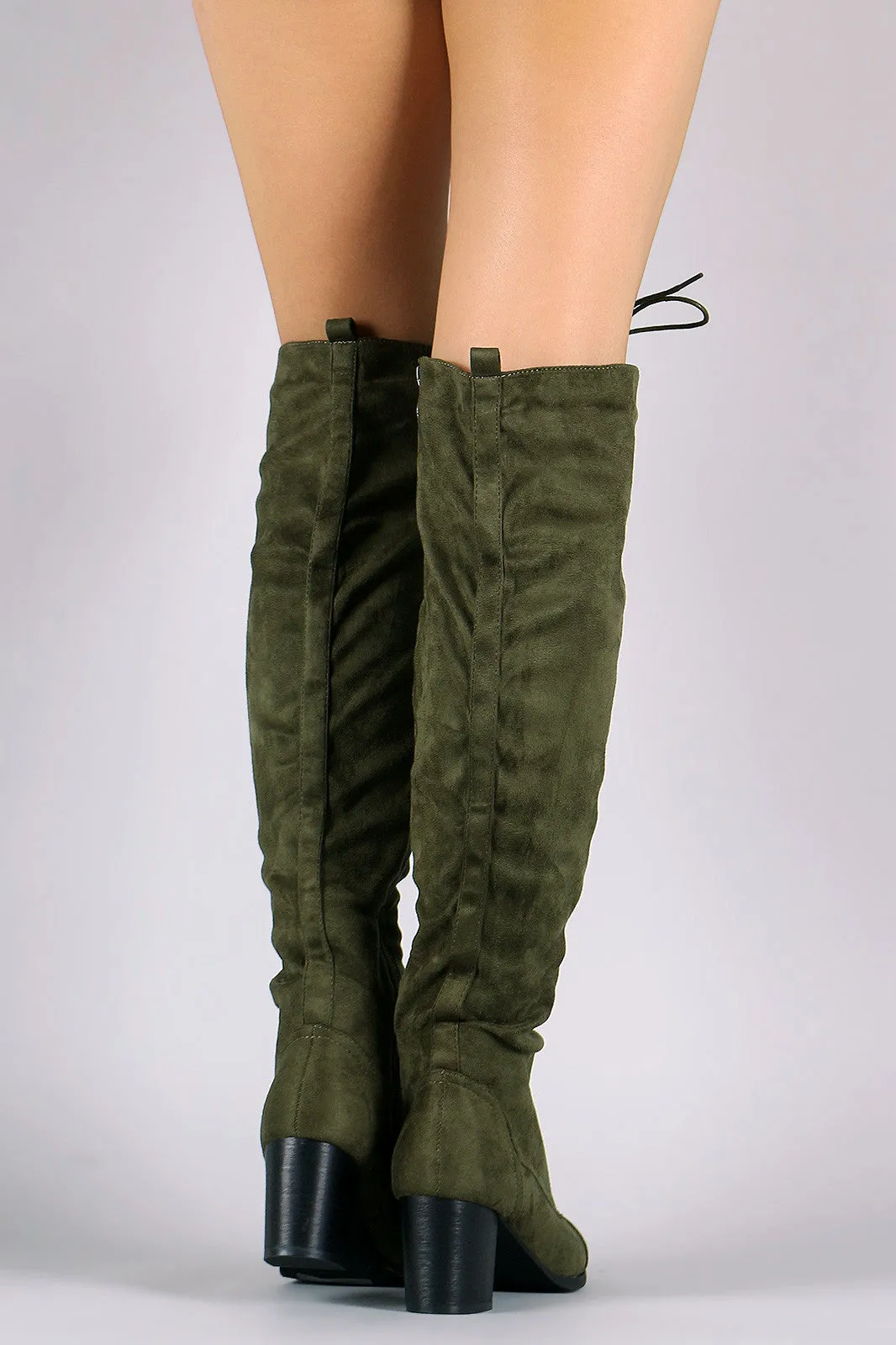 Over The Knee Lace Up Almond Toe Chunky Boots