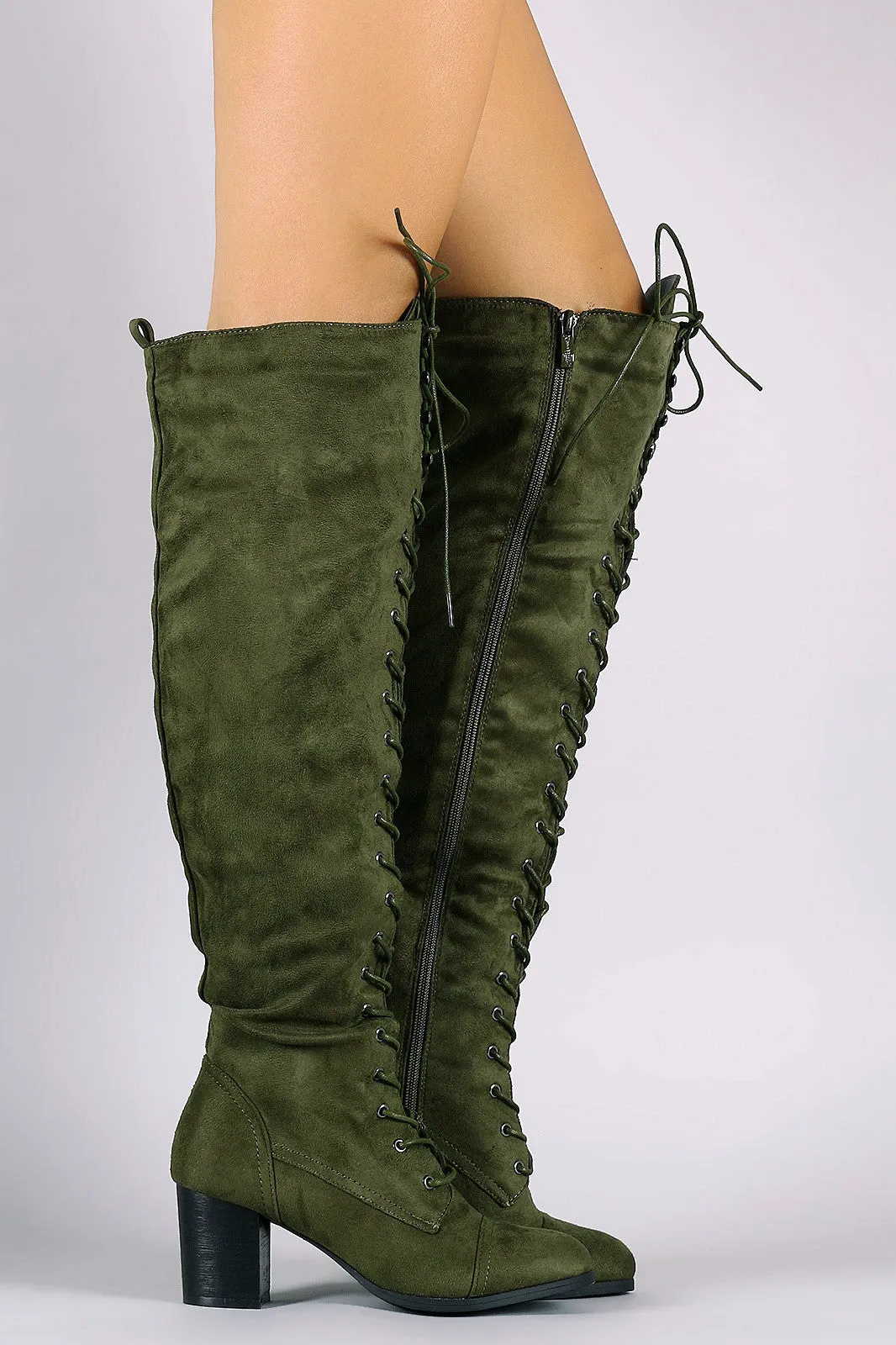 Over The Knee Lace Up Almond Toe Chunky Boots