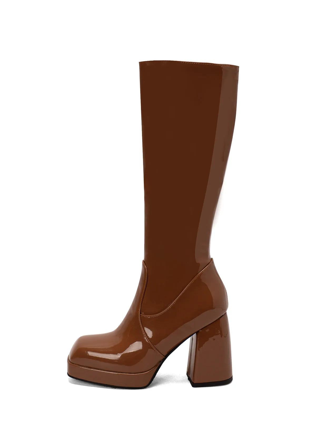 Patent Leather Round Toe Solid High Heel Boots