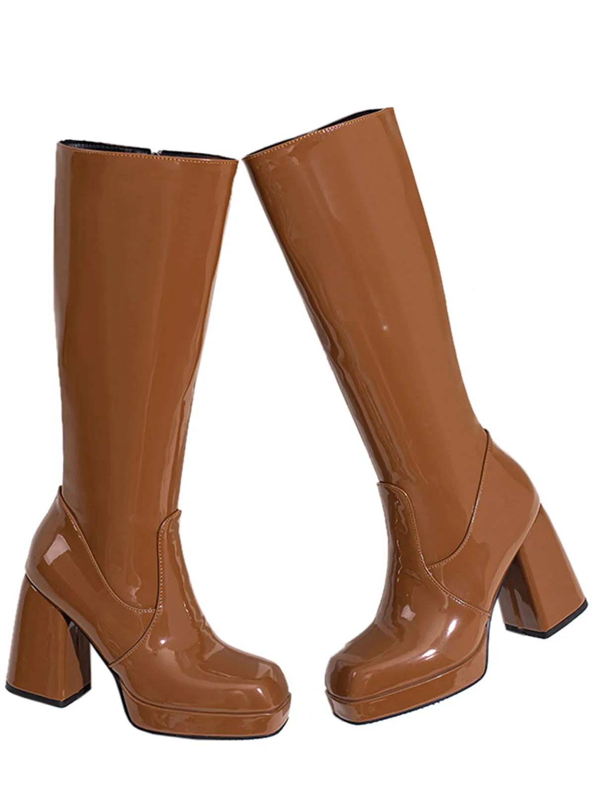 Patent Leather Round Toe Solid High Heel Boots