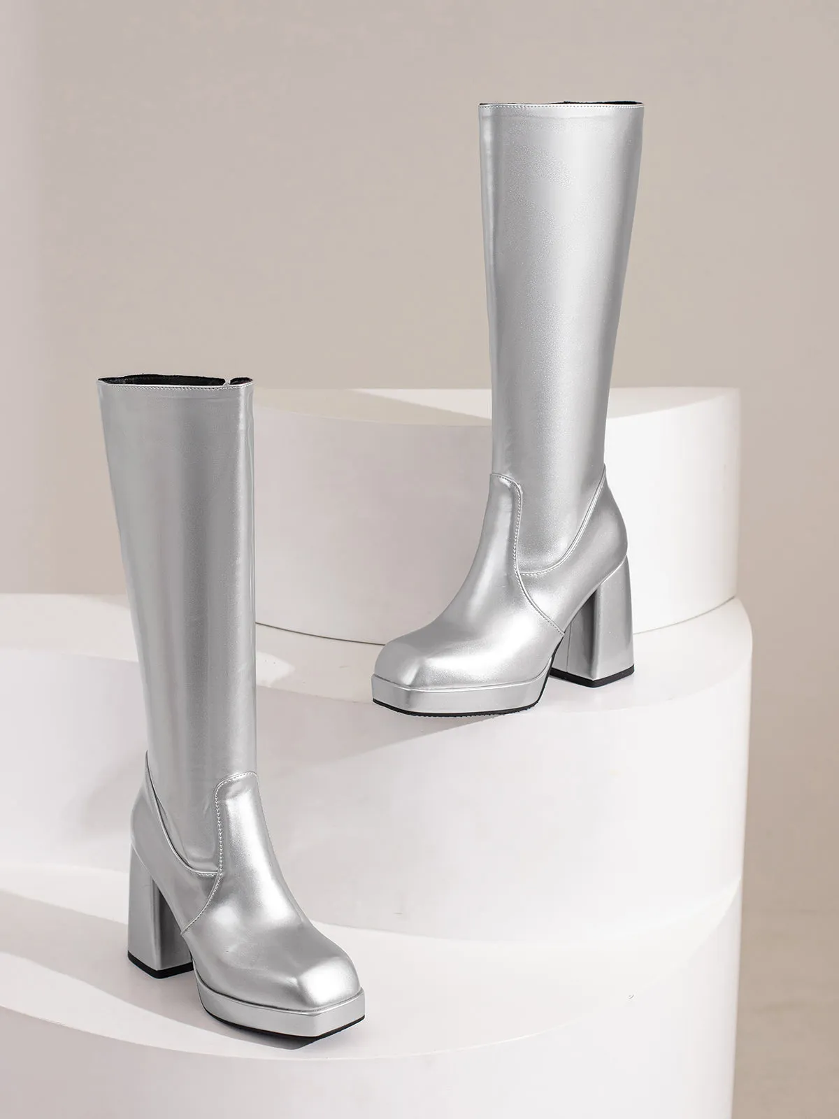 Patent Leather Round Toe Solid High Heel Boots