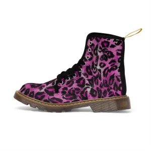 Pink Leopard Print Women's Boots, Best Animal Print Premium Designer Laced-Up Hiking Boot Shoes