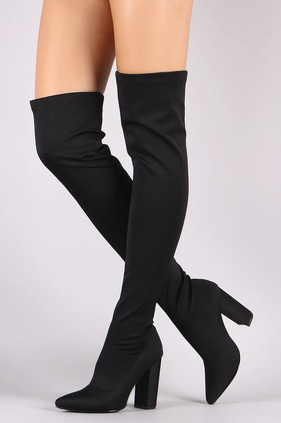 Qupid Elastane Pointy Toe Chunky Heeled Over-The-Knee Boots