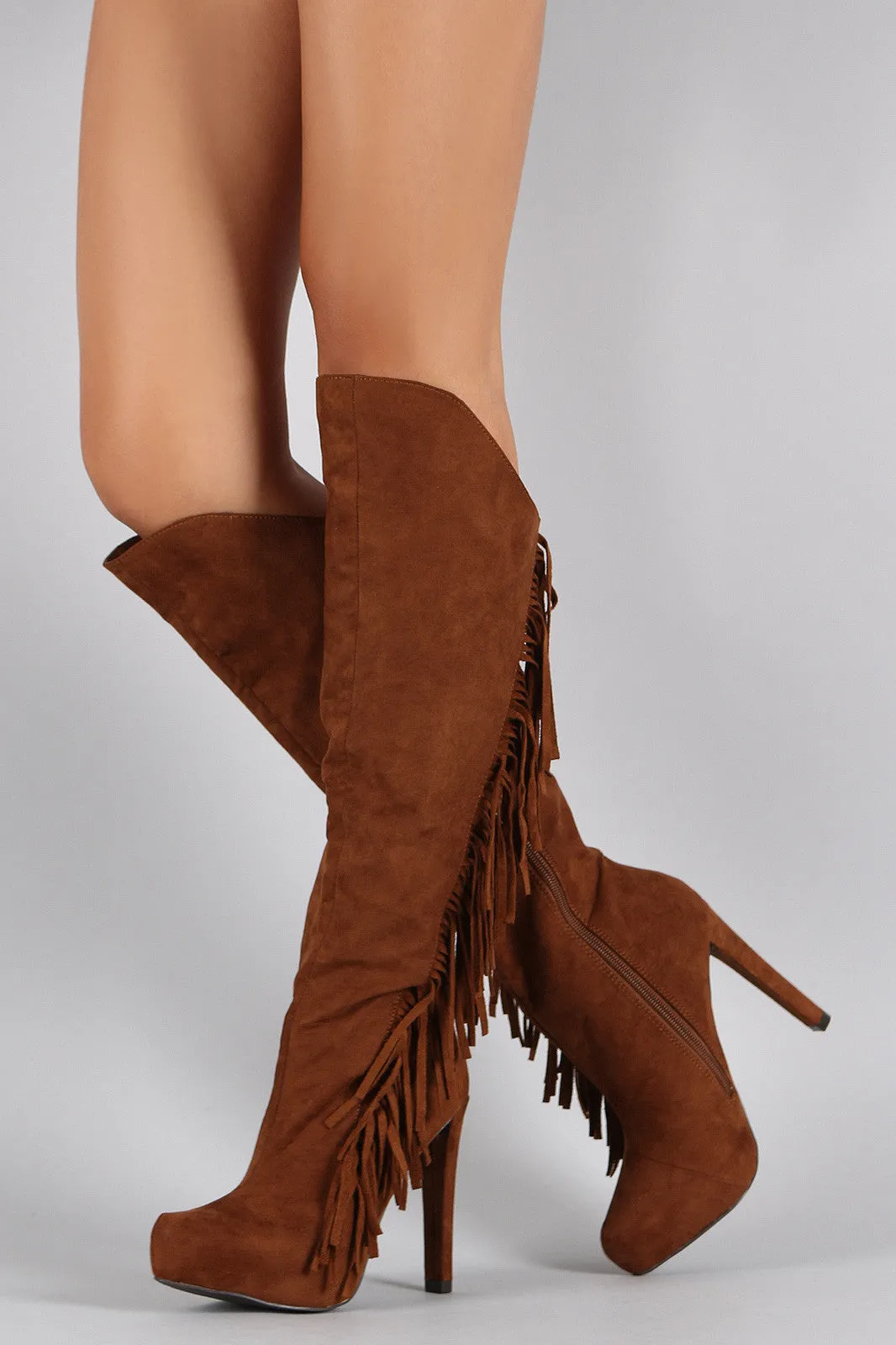 Qupid Suede Asymmetrical Fringe Pointy Toe Heeled Knee High Boot