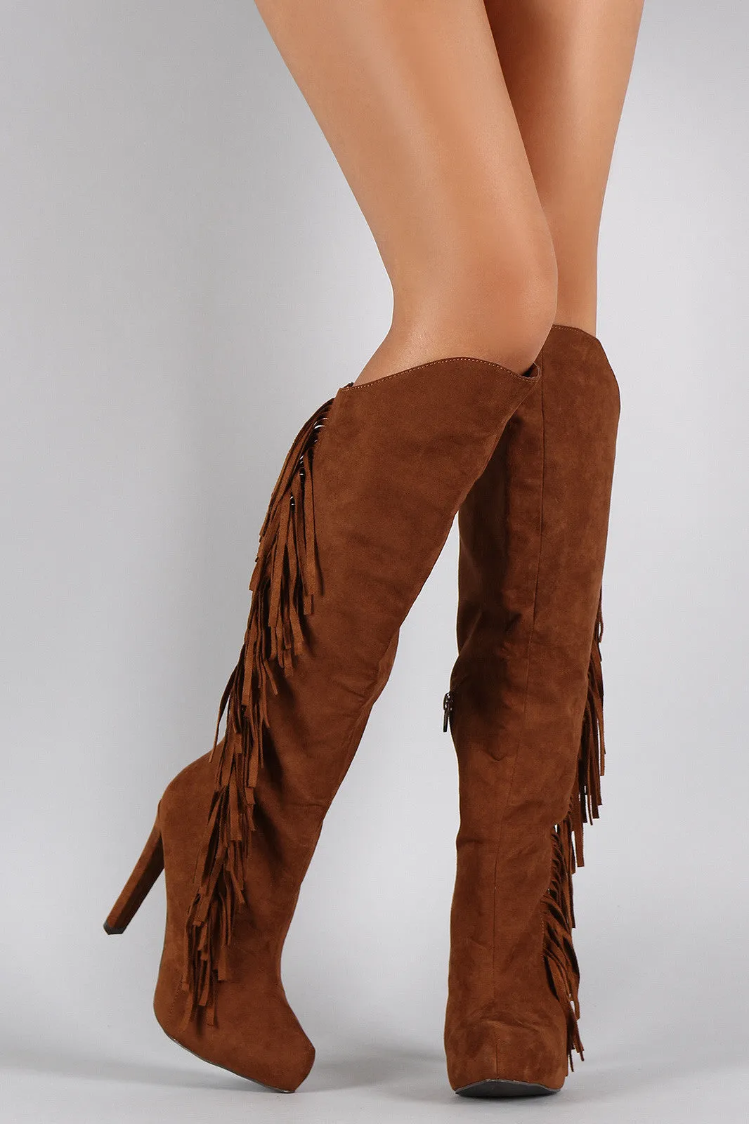 Qupid Suede Asymmetrical Fringe Pointy Toe Heeled Knee High Boot