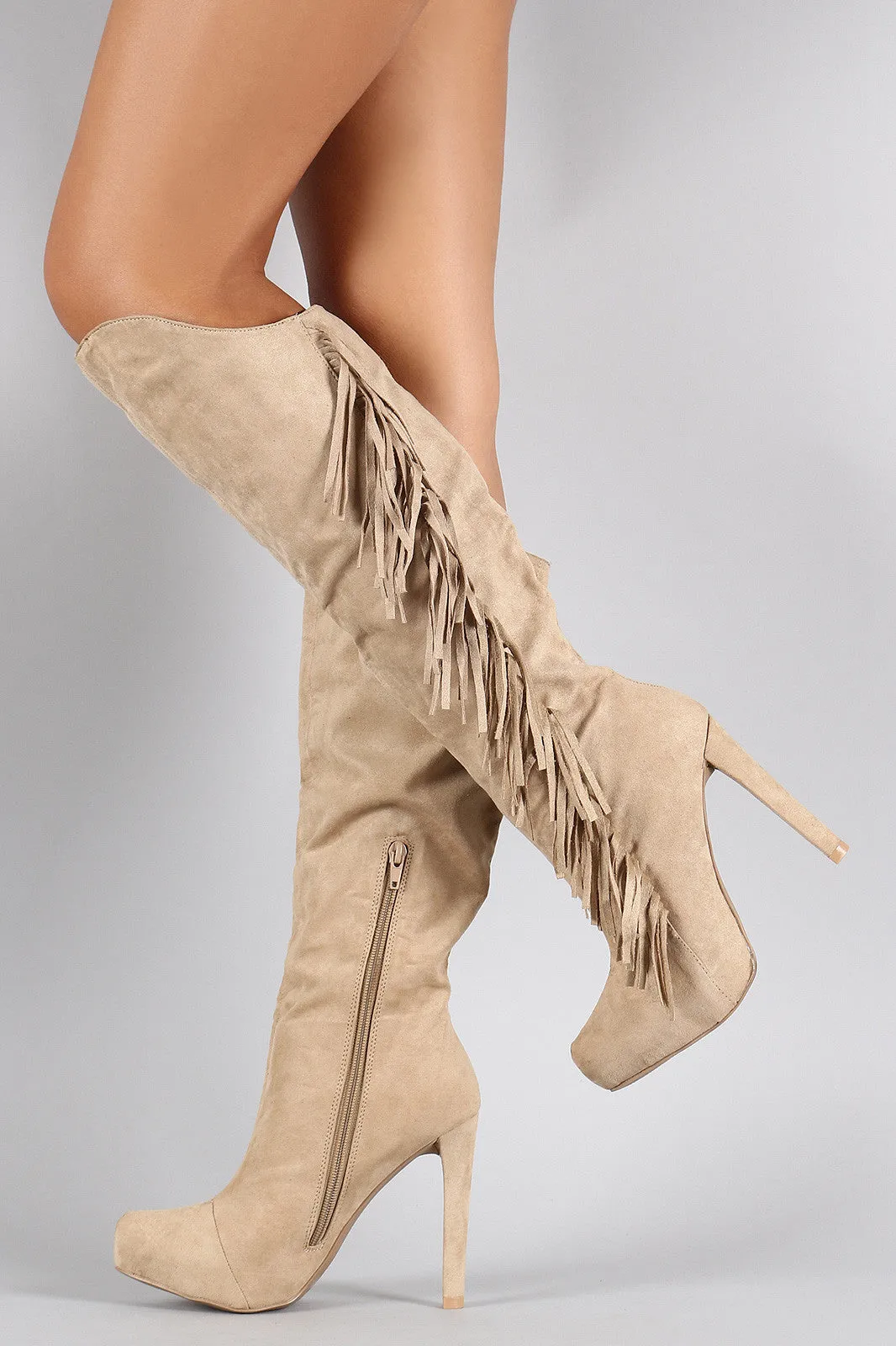 Qupid Suede Asymmetrical Fringe Pointy Toe Heeled Knee High Boot