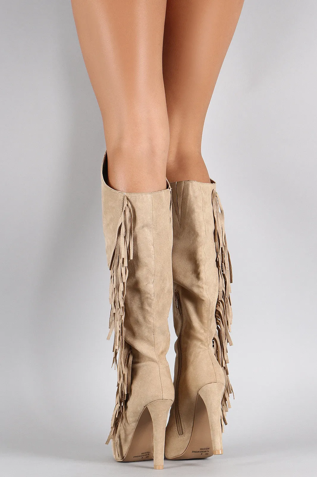 Qupid Suede Asymmetrical Fringe Pointy Toe Heeled Knee High Boot