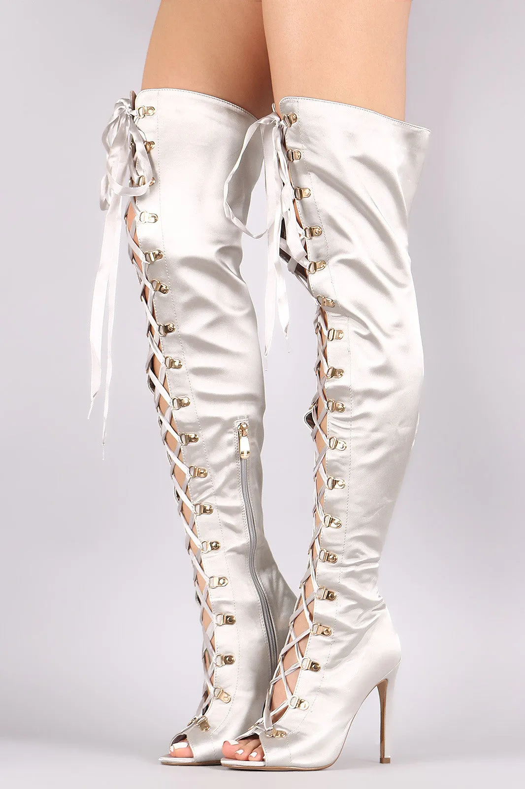 Satin Ribbon Lace-Up Stiletto Over-The-Knee Boots