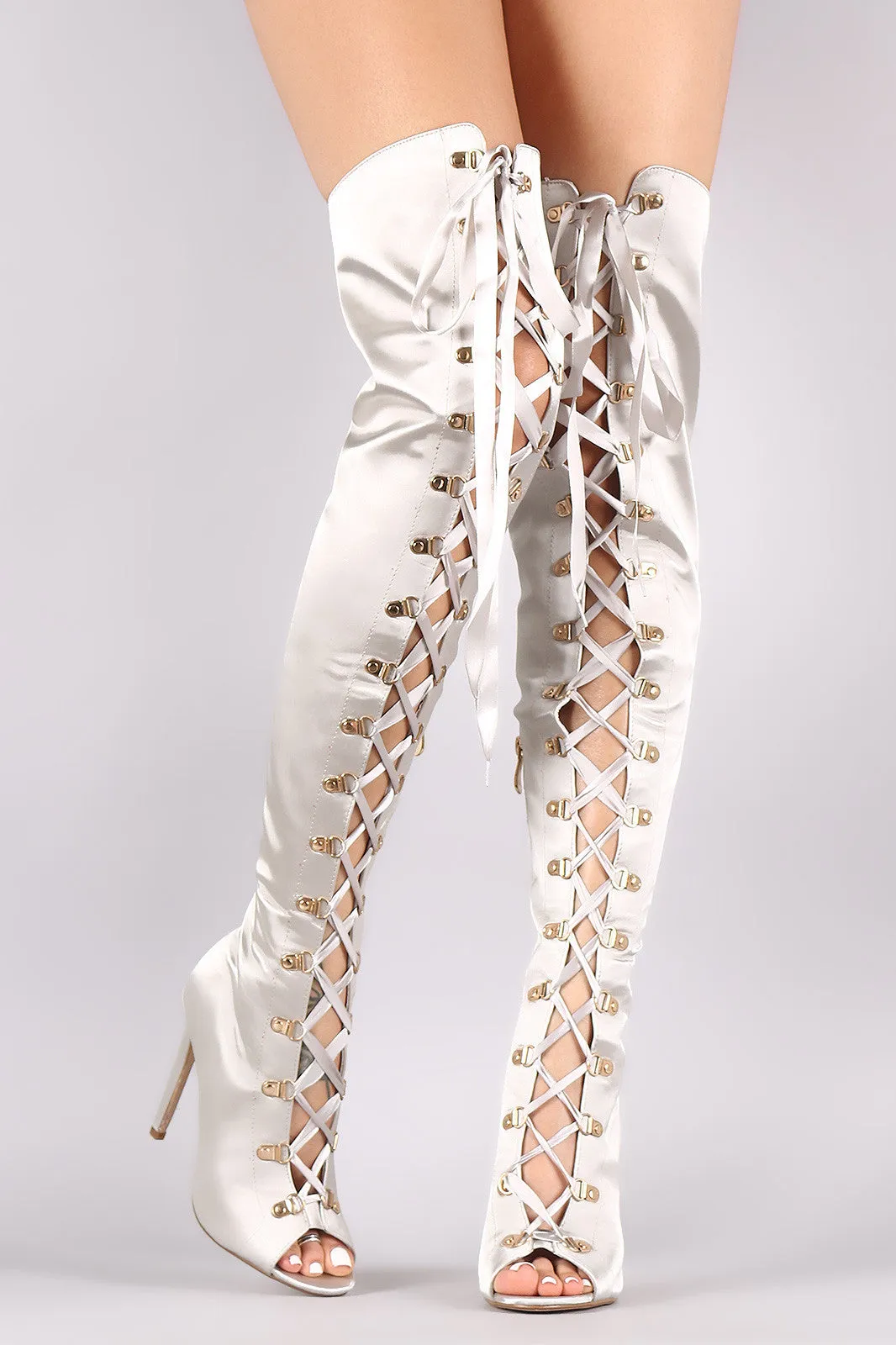 Satin Ribbon Lace-Up Stiletto Over-The-Knee Boots