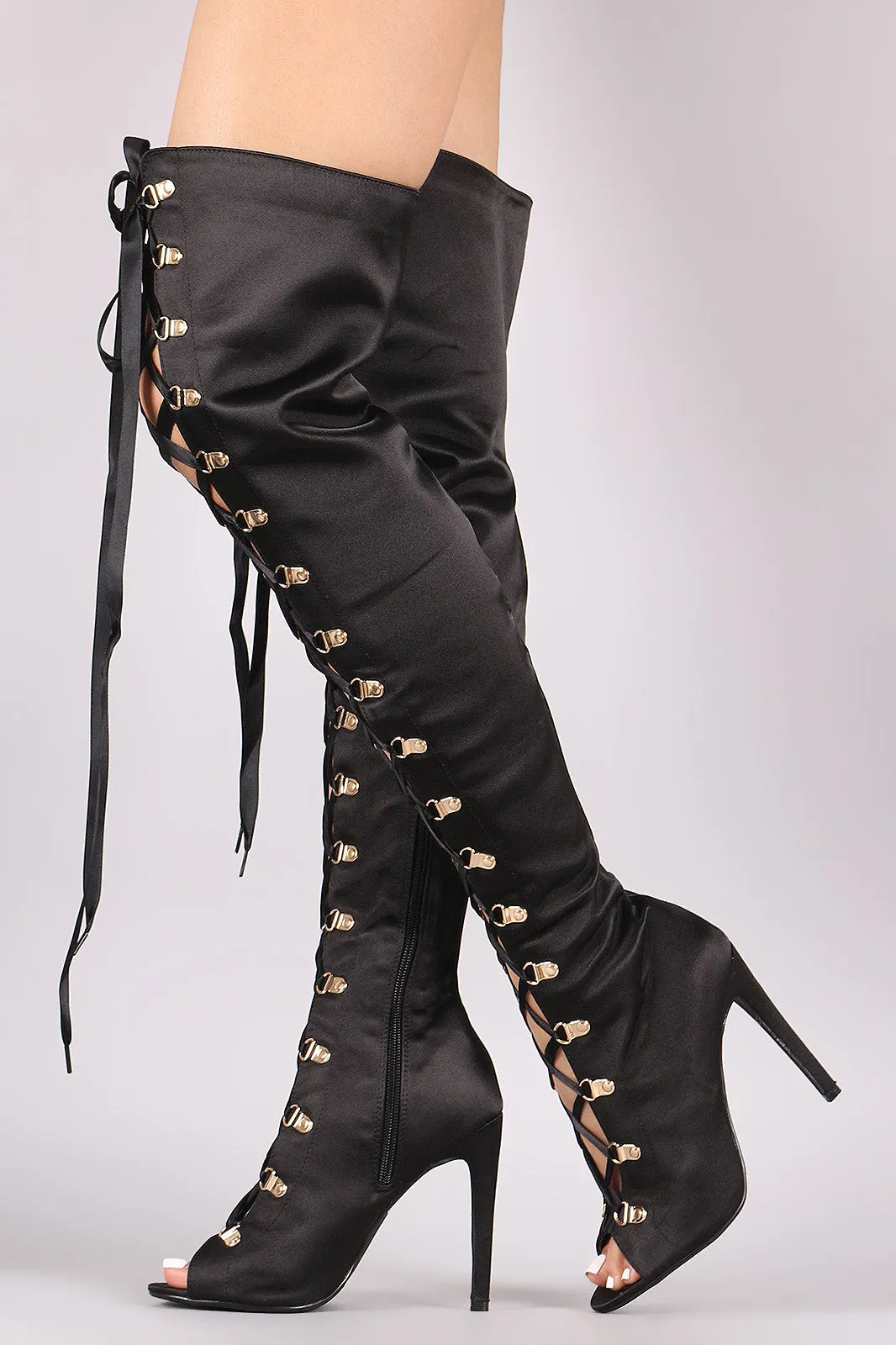 Satin Ribbon Lace-Up Stiletto Over-The-Knee Boots