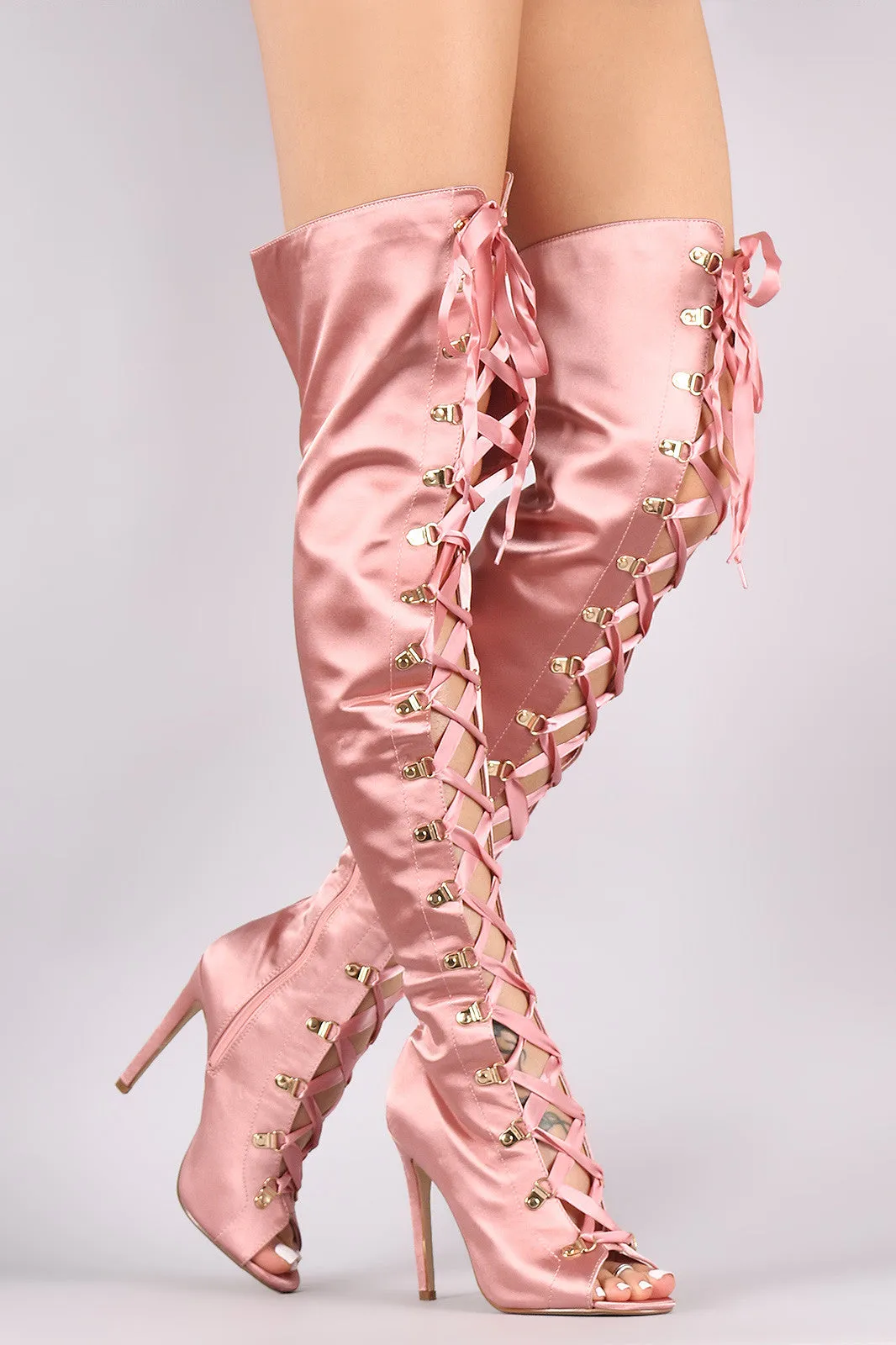 Satin Ribbon Lace-Up Stiletto Over-The-Knee Boots