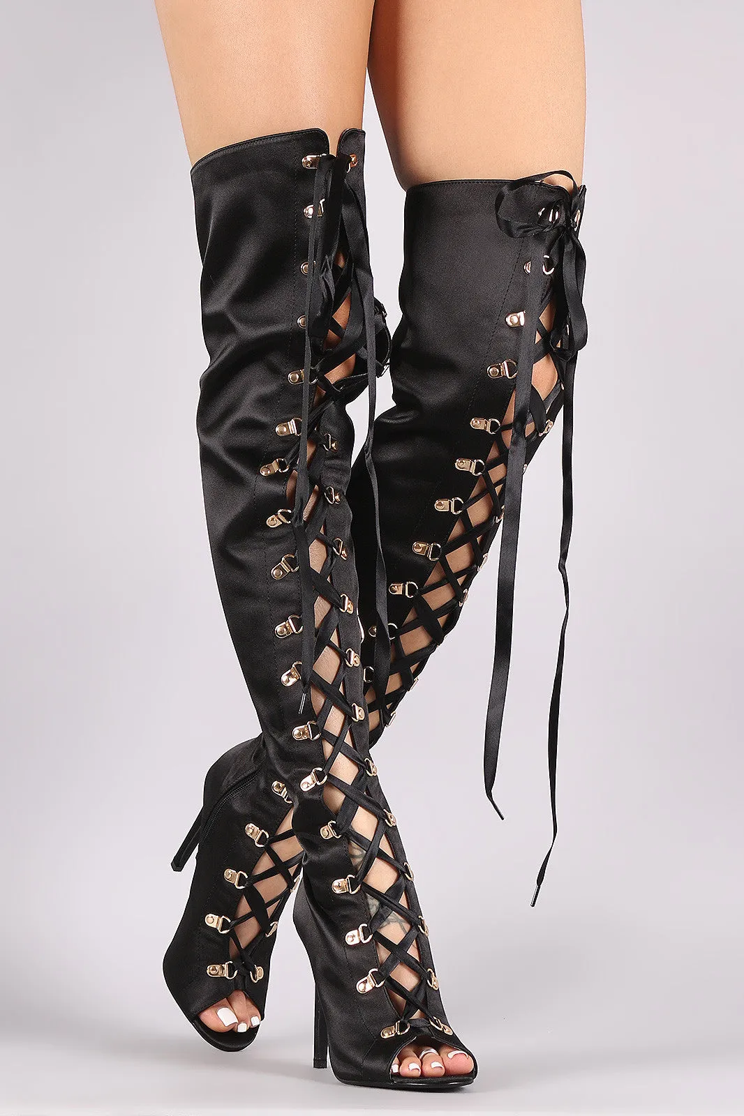 Satin Ribbon Lace-Up Stiletto Over-The-Knee Boots