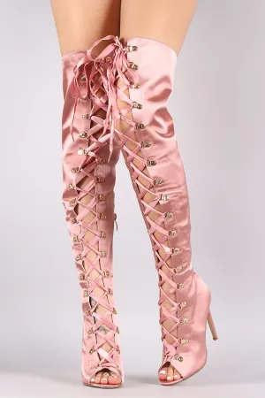 Satin Ribbon Lace-Up Stiletto Over-The-Knee Boots