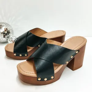 Set the Stage Criss Cross Clog Heels with Gold Studs in Black