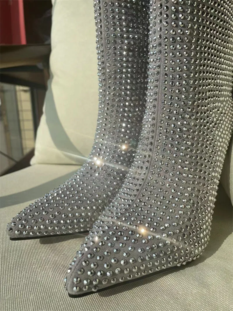 Shiny Crystal Rhinestone Pointed Toe Knee High Boots