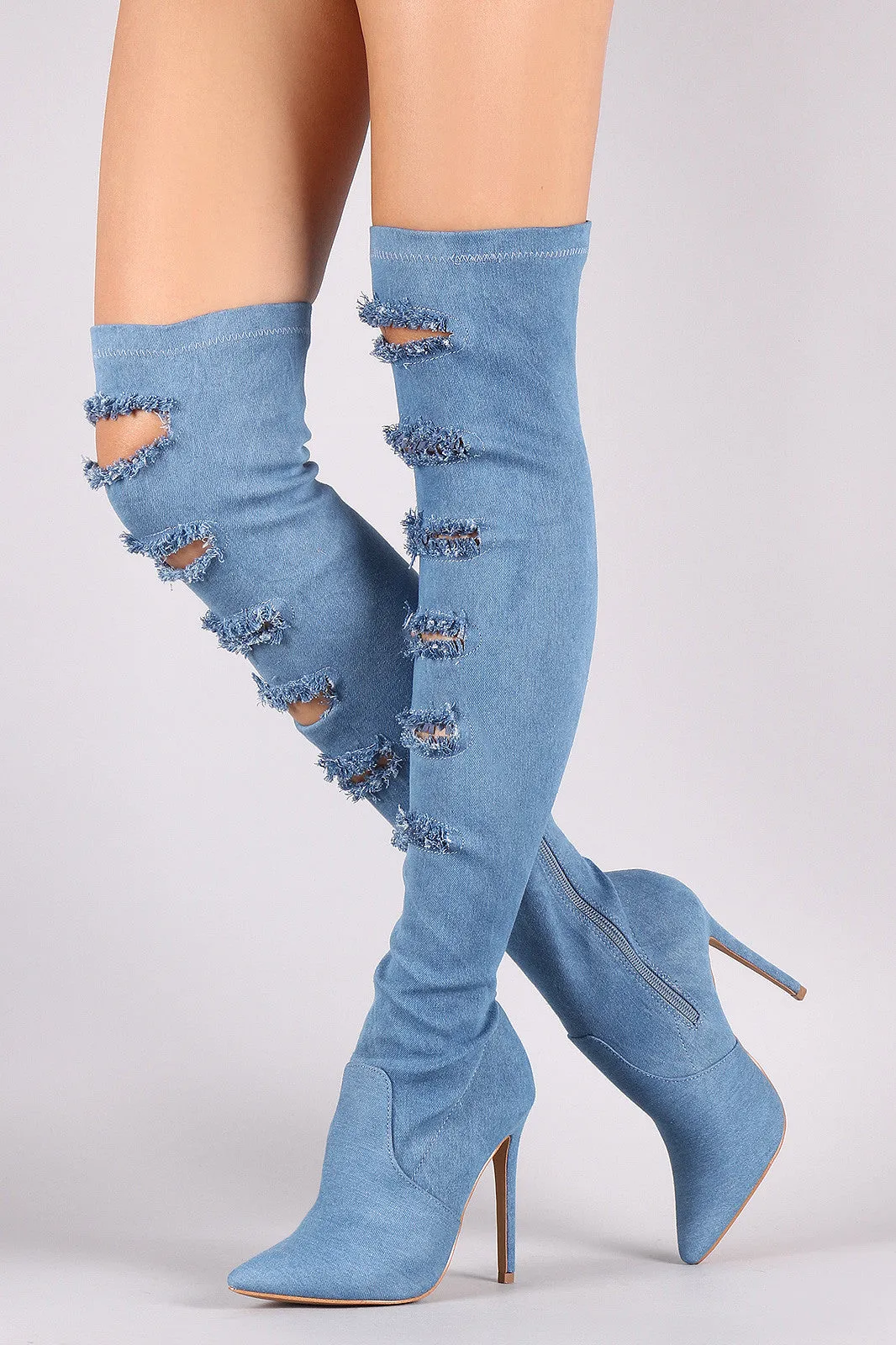 Shoe Republic LA Ripped Denim Stiletto Over-The-Knee Boots