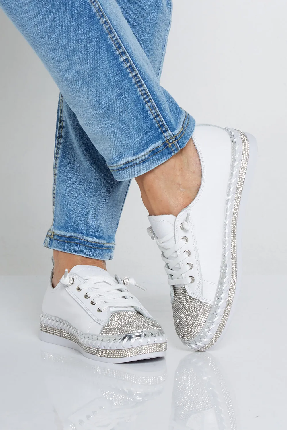 Sia Sparkle Leather Sneakers - White/Diamanté