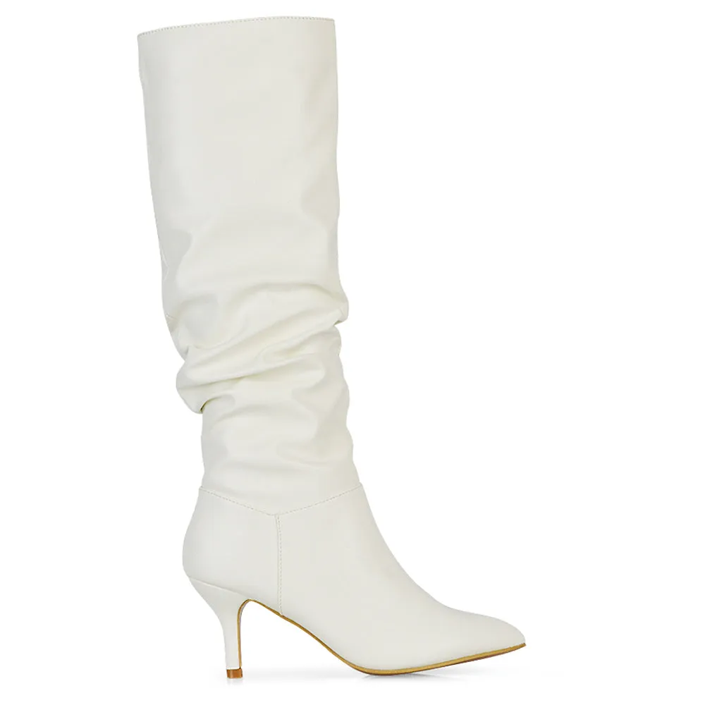 Sian Pointed Toe Knee High Ruched Stiletto High Heeled Boots in White PU