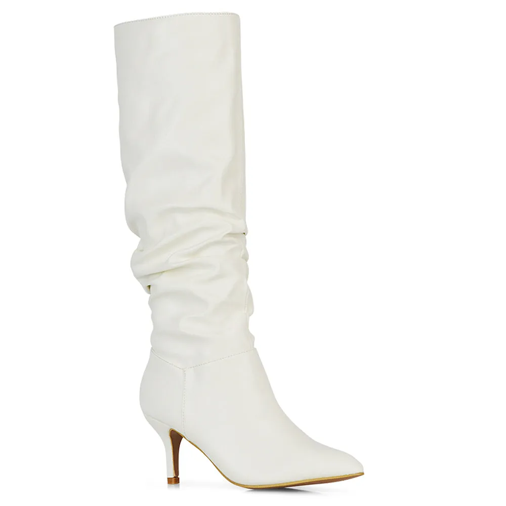 Sian Pointed Toe Knee High Ruched Stiletto High Heeled Boots in White PU