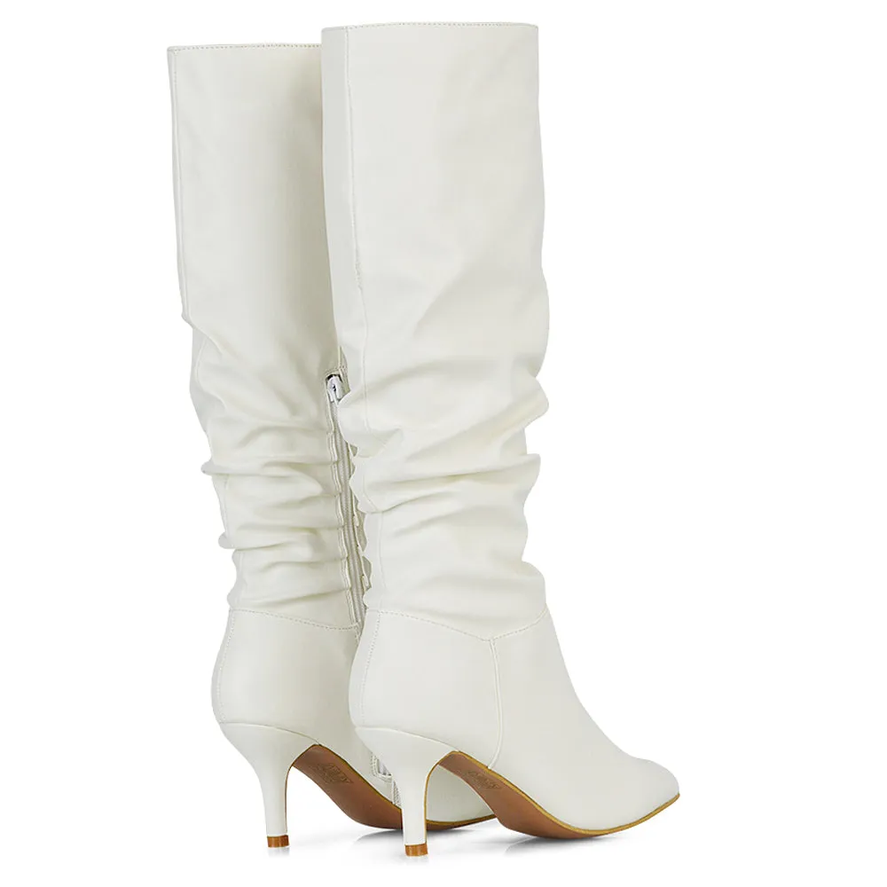 Sian Pointed Toe Knee High Ruched Stiletto High Heeled Boots in White PU