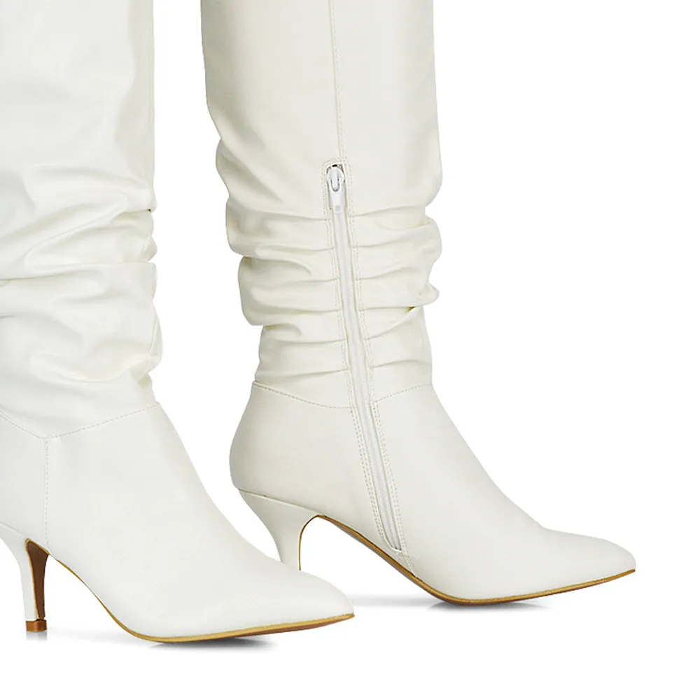 Sian Pointed Toe Knee High Ruched Stiletto High Heeled Boots in White PU