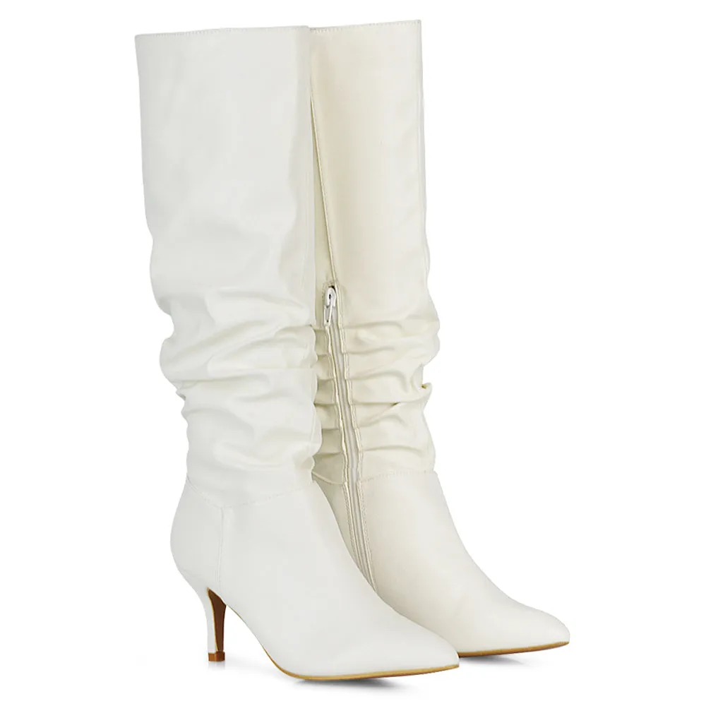 Sian Pointed Toe Knee High Ruched Stiletto High Heeled Boots in White PU