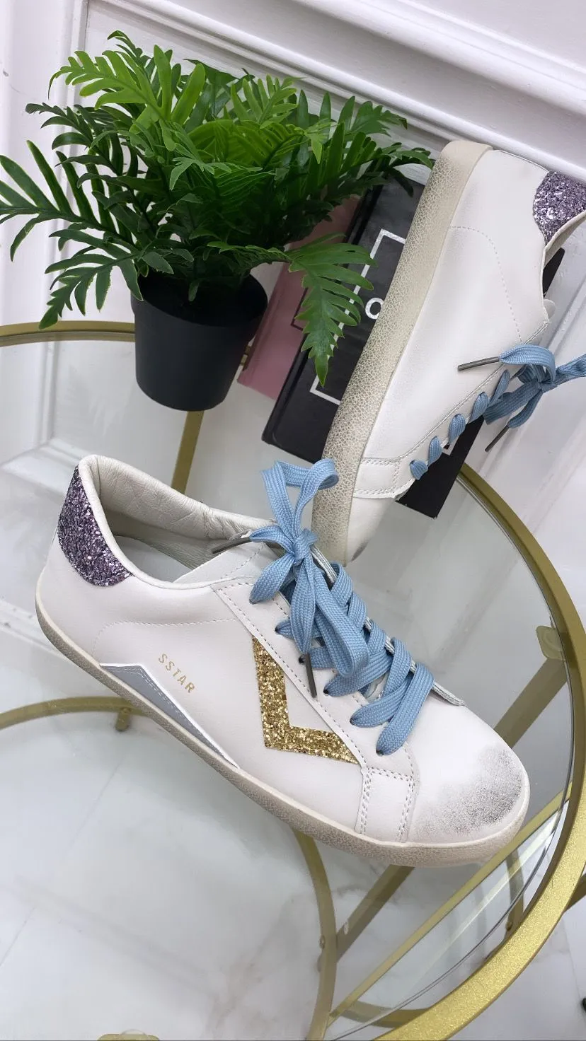 Stella - Sneakers Donna Scarpe Casual Comode Strass Bianca Oro